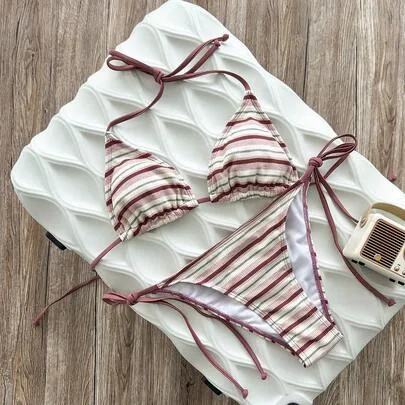Summer Beach Striped Colorblock Halter Tie Bikini and Triangle Bottom Two-Piece Swimsuit Set