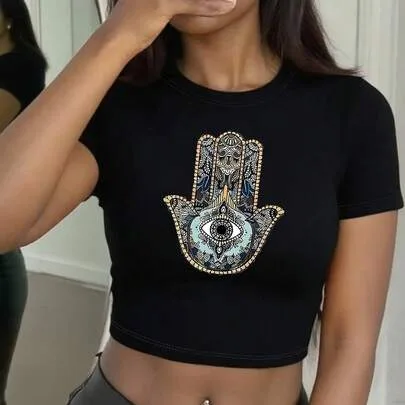 Hamsa Hand Evil Eye Graphic Crop Top - Short Sleeve Fitted Casual Tee, Soft Cotton Blend by SHEIN