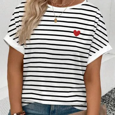 Striped Heart Print Round Neck Short Sleeve Casual T-Shirt by EMERY ROSE