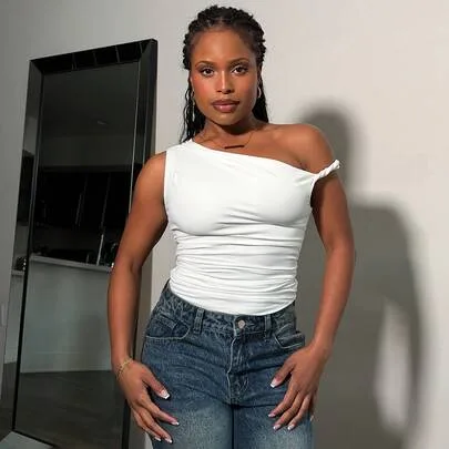 Solid Color Asymmetrical Collar Cropped Slim Fit Top by Tyla Gomez