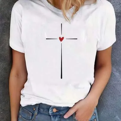 Cross Heart Print Crew Neck T-Shirt Lightweight 220gsm Knit Fabric by SHEIN