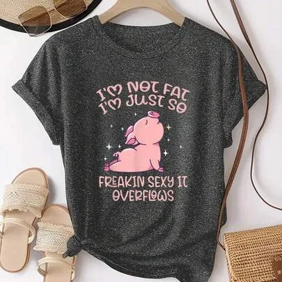 Pink Pig with Stars and Text Print Cotton T-Shirt Y2K Style Digital Print by SHEIN