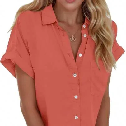 Casual Collared Short-Sleeved Rolled-Up Sleeve Blouse with Pocket Details