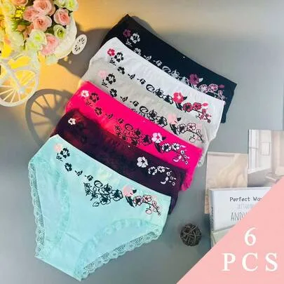 6pcs Mid Rise Briefs Floral Lace Trim Details by SHEIN