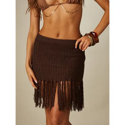 Crochet Fringe Mini Skirt Boho Beach Cover Up Knit Bodycon Tassel Hem