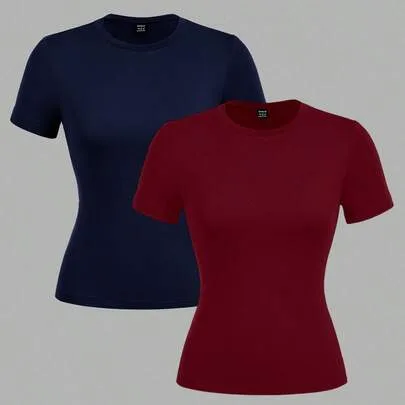 2pcs Casual Minimalist Basic Crew Neck Short Sleeve T-Shirts by SHEIN