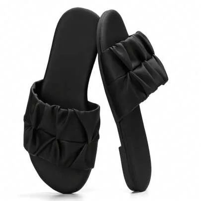 Square Toe Pleated Flat Sandals by SHEIN