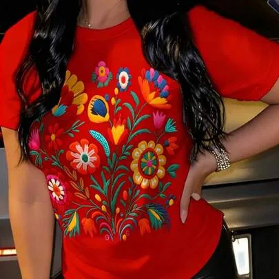 Mexican Folk Floral Print Short Sleeve Round Neck T-Shirt by SHEIN