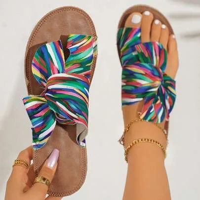 Rainbow Bowknot Decoration Flat Sandals Massage Sole