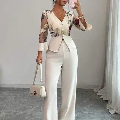 2pcs Elegant Mesh Embroidered Patchwork Mid-Sleeve Set by Rafferiza