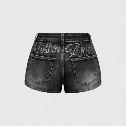 Y2K Vintage Punk Music Festival Low-Waist Distressed Rhinestone Denim Shorts by ROMWE