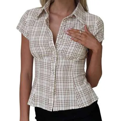 Plaid Button Down Short Sleeve Collared Slim Fit Blouse by SHEIN