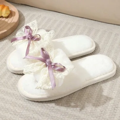 Lace Bow Slippers Plush Lining by SHEIN