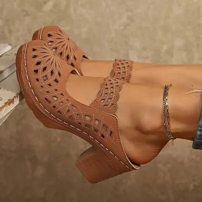 High-Heeled Sandals, Skin-Friendly Closed-Toe Hollowed-Out Shoes by SHEIN