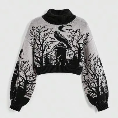 Gothic Dark High Neck Warm Raven Graveyard Moon Bat Branch Jacquard Lantern Sleeve Sweater by SHEIN