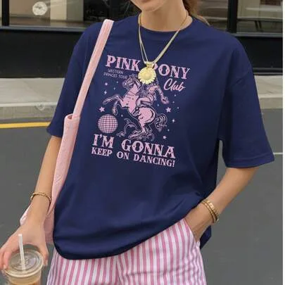 Western Cowboy, Pink Pony Western Prince Tour Club Print Casual Fashion Oversize Short Sleeve Graphic Top by SHEIN