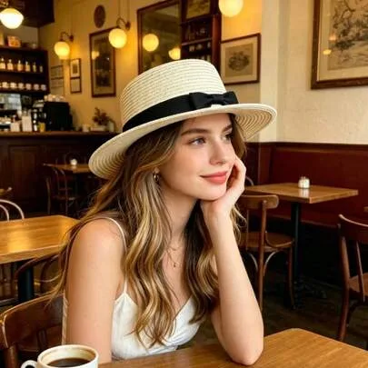 Flat Top Straw Boater Hat with Black Bow Ribbon, Wide Brim Sun Hat by SHEIN