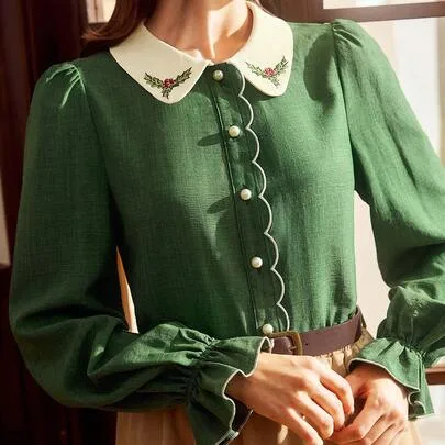 Elegant Blouse Embroidery Contrast Faux Pearl Buttons Vintage by Vintamour