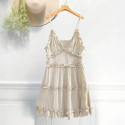 Solid Color Sweet Frill Trim Camisole Dress, High Waist Fitted Loose Versatile