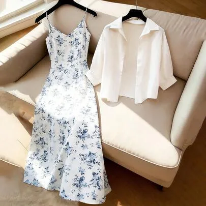 Elegant Floral Print Camisole Dress and Solid Color Shirt 2-Piece Set by GlowEve