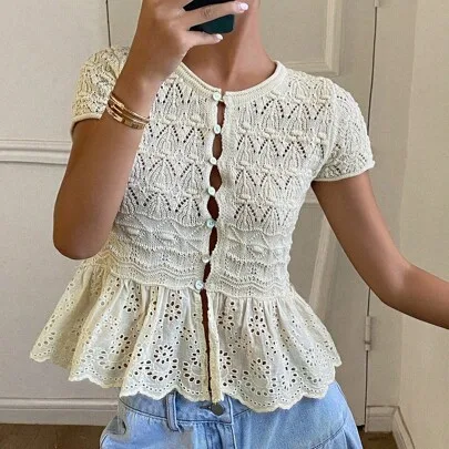 Solid Color Patchwork Lace Hem Fitted Round Neck Short Sleeve Knit Sweater Top by DAZY