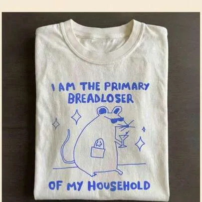 Cotton Short Sleeve T-Shirt I Am the Primary Breadloser of My Household Funny Mouse Graphic Tee by SHEIN