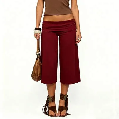 Fold Over Lounge Capris Wide Leg Low Rise Cropped Gaucho Pants Solid Color Flowy Pajama Bottom by SHEIN