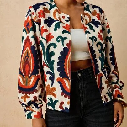 Boho Vintage Print Long Sleeve Fitted Regular Fit Jacket, Artistic Print by Travachic