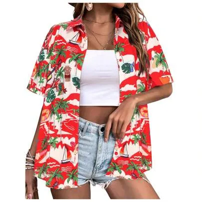 Tropical Floral Button Down Short Sleeve Blouse, Oversize V Neck by SHEIN