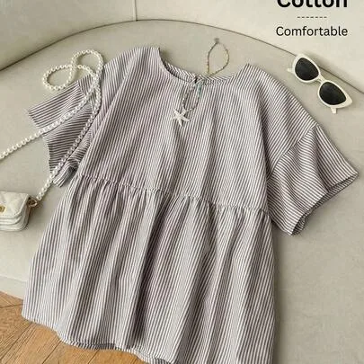 Round Neck Striped Woven Shirt by SHEIN