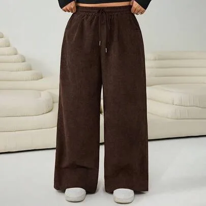 Relaxed Fit Corduroy Wide Leg Long Pants with Drawstring Waist and Pockets by Solflare