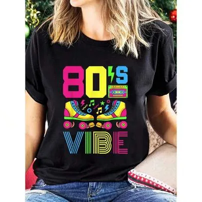 80S Vibe 1980S Graphic Print Solid T-Shirt, Short Sleeve by SHEIN