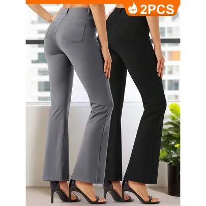 2 Pack 30'' Yoga Dress Pants Bootcut Work Slacks Stretch with Belt Loops 4 Pockets by SHEIN