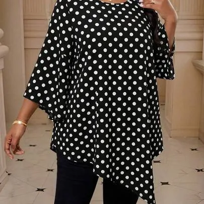 Polka Dot Pattern Round Neck 3/4 Sleeve Loose Asymmetric Hem Blouse by SHEIN