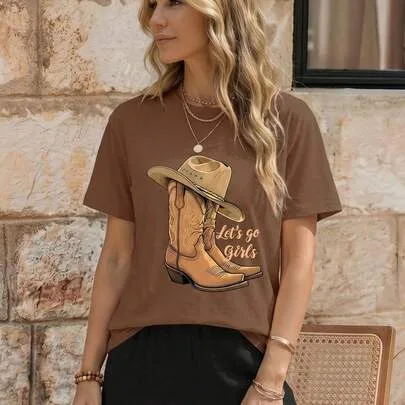 Short Sleeve Cowboy Boots and Hat Monogram Print Graphic T-Shirt by EMERY ROSE