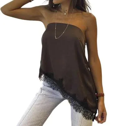 Lace Trim Satin Silk Strapless Asymmetrical Hem Backless Bandeau Top by SHEIN