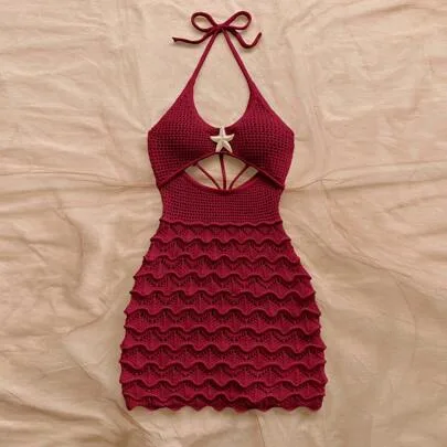 Spaghetti Strap V-Neck Hollow Out Metallic Starfish Embellished Bodycon Backless Tie Waist Crochet Dress No Chest Padding by Soleia