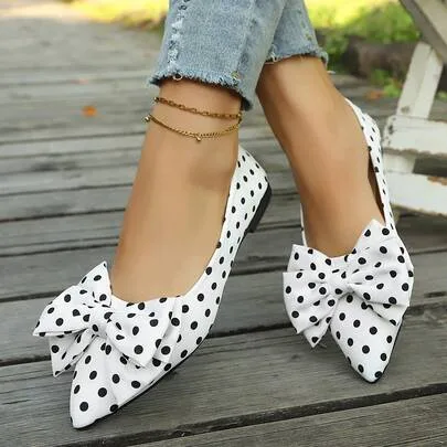 Polka Dot Bow Decor Pointed Toe Flat Shoes Slip-On by SHEIN
