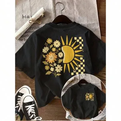 Loose Casual 100% Cotton Vintage Sunflower Print T-Shirt
