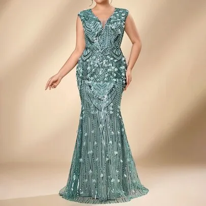 Elegant Formal Dusty Blue Beaded Embroidered 3D Floral V-Neck Sleeveless Fitted Mermaid Hem Wedding Events Mother of the Bride Dress by Serin