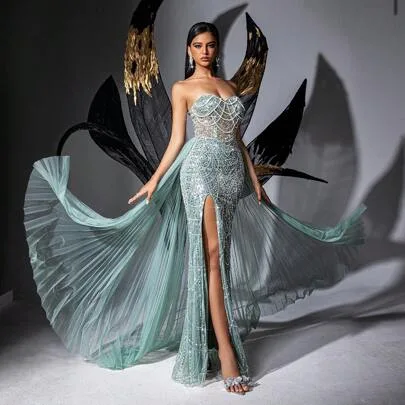 Glamour Goddess Strapless Mesh Sequin Lace-Up Slit Gown by SHEIN
