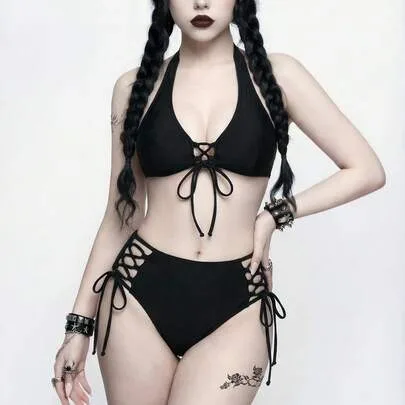 Goth Bikini Swimwear Set Halter Lace Up Detail by ROMWE