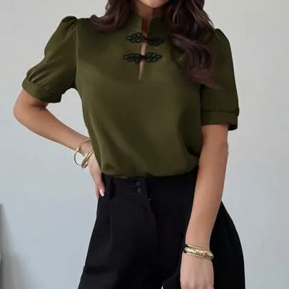 Elegant Romantic Puff Sleeve Colorblock Button Up Blouse by Firerie