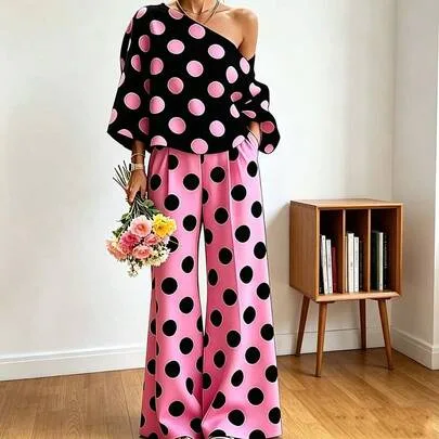 Polka Dot One Shoulder Top & High Waist Wide Leg Pants 2-Piece Set by SHEIN