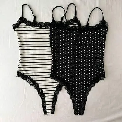Lace Trim Polka Dot Bodysuit by EMERY ROSE