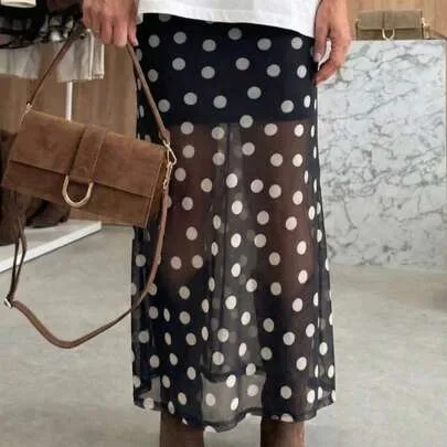 Polka Dot Allover Print Polyester Long A-Line Skirt by SHEIN