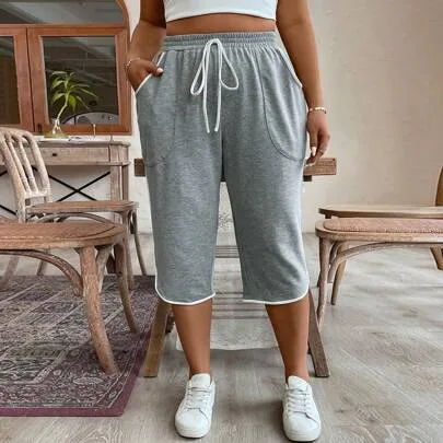 Drawstring Waist Contrast Piping Jogger Pants with Slanted Pockets by Linhara CURVE