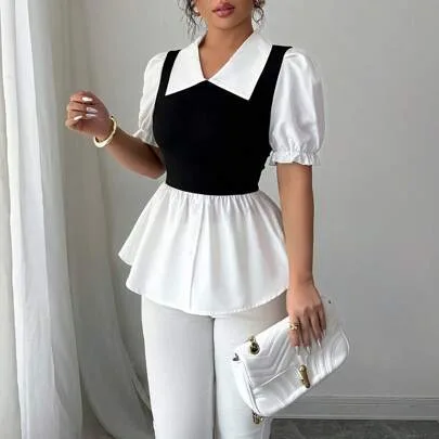 Commute Wear Ruffle Hem Short Sleeve Color Blocking Top by Elenzga