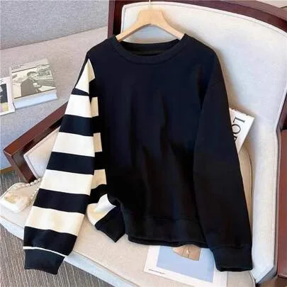 Striped Patchwork Crew Neck Casual Loose Sweatshirt by INAWLY