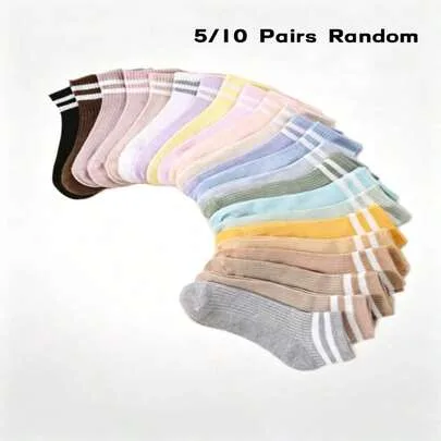 5/10 Pairs Soft Macaron Color-Block Two-Stripe Striped Socks by SHEIN